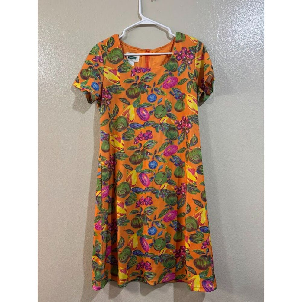 Chomel Vintage Dress Women's Size 10 Orange Fruit Print Maximalist A line Funky - Picture 2 of 4